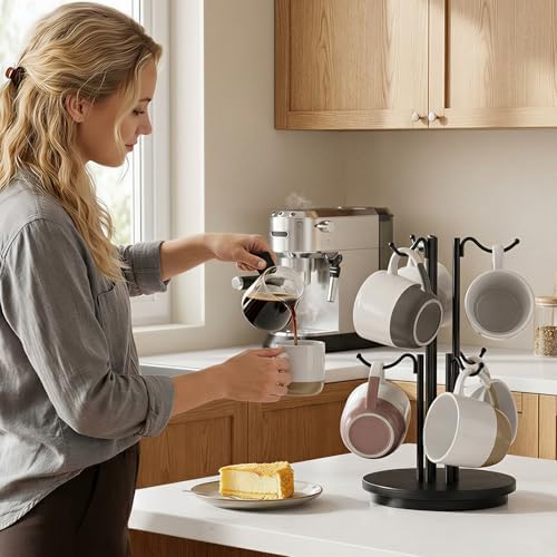 6-Hook 360° Rotating Large Coffee Mug Holder Tree, Wood Base - Image 2