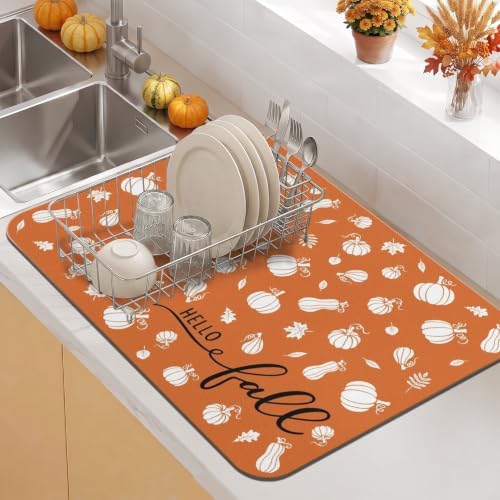 Fall Dish Drying Mat Autumn Decor Kitchen Countertop, Super Absorbent Coffee by Kuyig+Home