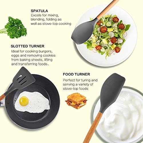 MIBOTE Silicone Cooking Kitchen Utensils Set, Wooden Handle - Image 3