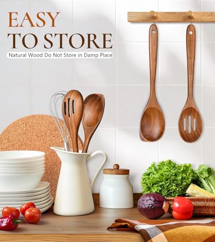 2Pcs Teak Wooden Utensil Set Large Corner Spoon & Slotted Spoon - Image 6