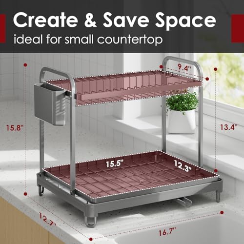 Sakugi Dish Drying Rack 2-Tier 15" x11.4" x15" Gray Double Rod - Image 2