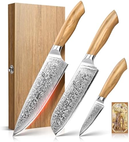 Emojoy 3-Piece Japanese Damascus Steel Knife Set, Olive Wood Handle & Box by EMOJOY