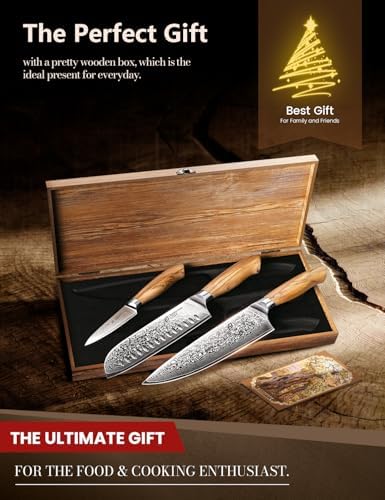 Emojoy 3-Piece Japanese Damascus Steel Knife Set, Olive Wood Handle & Box - Image 2