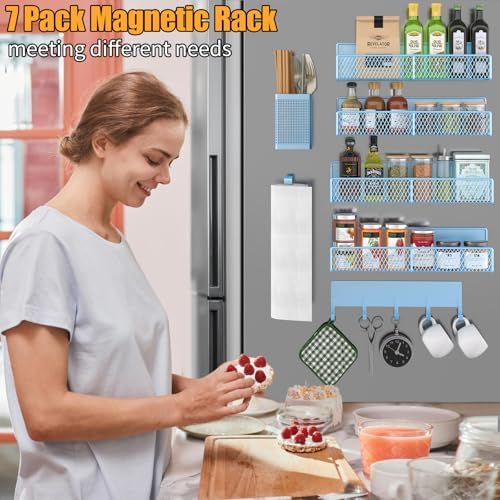 Magnetic Spice Rack for Refrigerator, 7 Pack Metal Magnetic Shelf Blue - Image 6