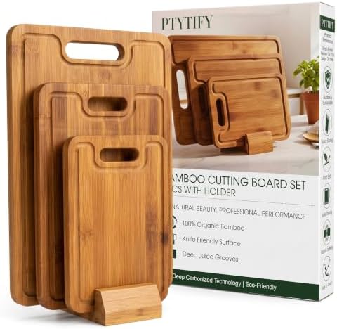 Bamboo Cutting Board Set with Holder, 3 Piece Carbonized Wood Chopping Boards by Unknown