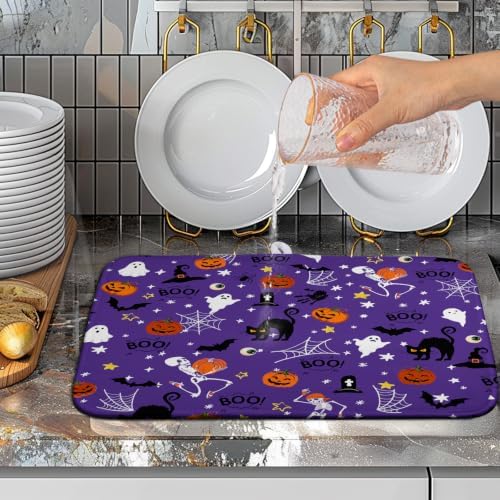 Halloween Dish Drying Mat for Kitchen Counter Cute Cat Boo Bats Skull Drying - Image 5