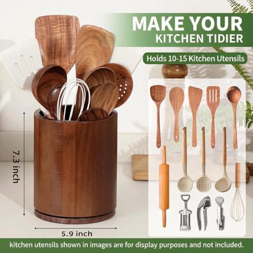 Walnut Utensil Holder, 360° Rotating 7.3 in Kitchen Organizer - Image 2