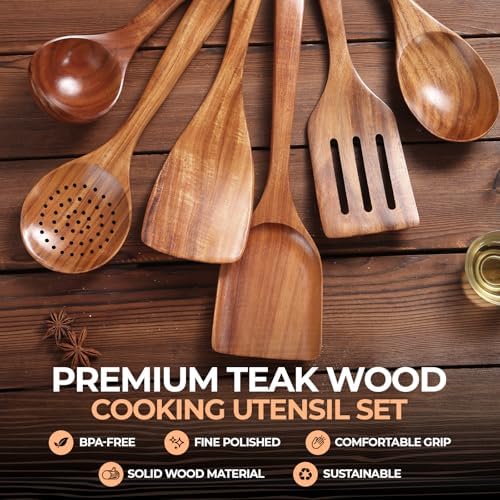 AIUHI Nonstick Natural Wooden Kitchen Utensils Set, Smooth Finish Teak Wood - Image 2