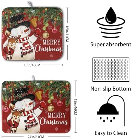 Christmas Dish Drying Mats for Kitchen Counter 18x24 Cute Snowman Red Dish - Image 2