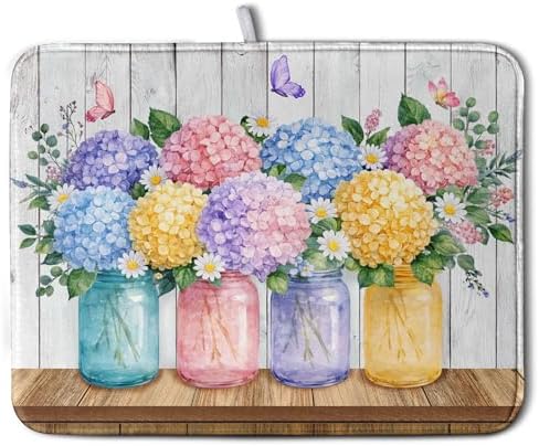 Hydrangea Dish Drying Mat for Kitchen Counter Spring Summer Floral Vases dish by Kwlegh