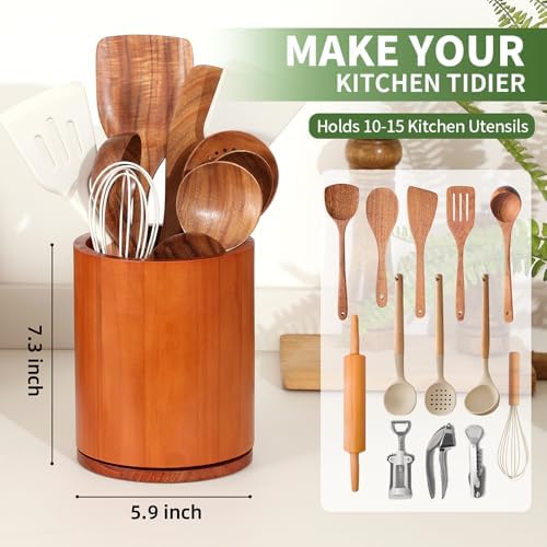 Wood Utensil Holder, 360° Rotating 7.3 in Kitchen Organizer - Image 2