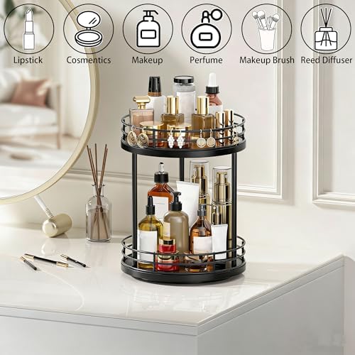 2-Tier Rotating Bathroom Countertop Organizer, Wooden Makeup Vanity Storage - Image 2