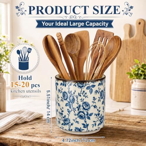 Rustic Ceramic Utensil Holder Blue Rose 5.5" - Image 2
