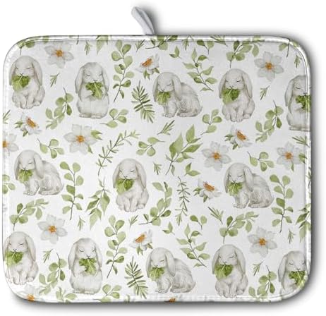 Easter Bunny Floral Drying Mat for Kitchen Counter Spring Easter Rabbits Green by Kwlegh