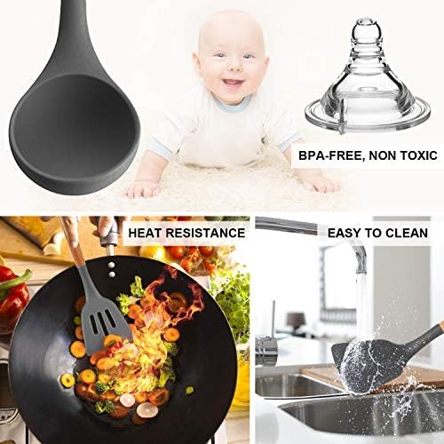 MIBOTE Silicone Cooking Kitchen Utensils Set, Wooden Handle - Image 6