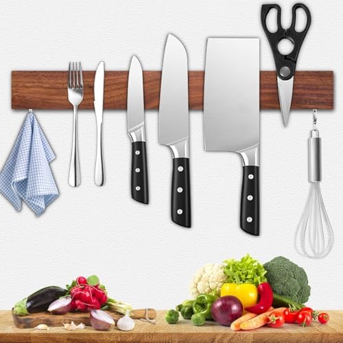 Dmore magnetic knife holder for wall—with 2 hooks, No Drilling 16 Inch walnut by Dmorealwaysdomore
