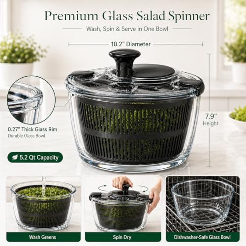 Large 5.2 Qt Glass Salad Spinner - Image 2