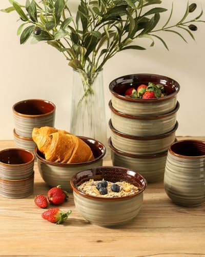 HASENSE Ceramic Cereal Bowls Set of 6, 20 oz Reactive Glaze Grey Soup Bowls - Image 6