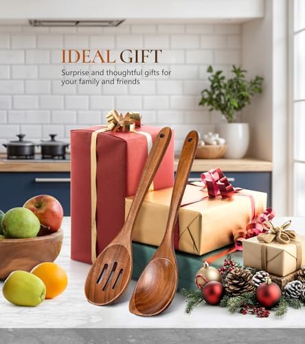 2Pcs Teak Wooden Utensil Set Large Corner Spoon & Slotted Spoon - Image 7