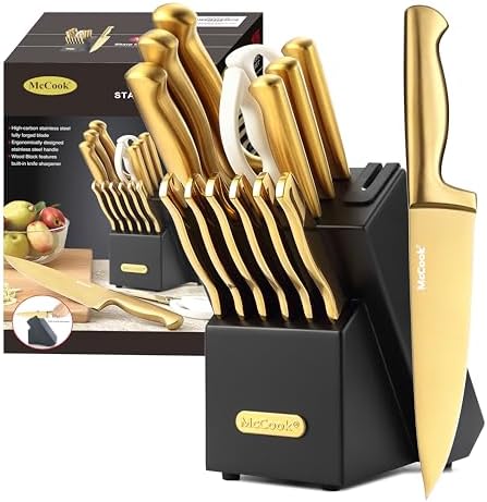 McCook® Knife Sets, 15 Piece Knives, Restaurant Grade Sharp, Elegant Gold & by McCook