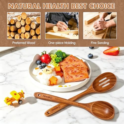 Large Wooden Cooking Spoon Set, Non-Stick Slotted and Corner Serving Spoon - Image 5