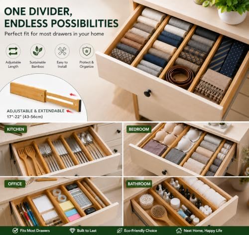 Lzerking Kitchen Drawer Dividers 6 Pack Bamboo Drawer Organizers - Image 4