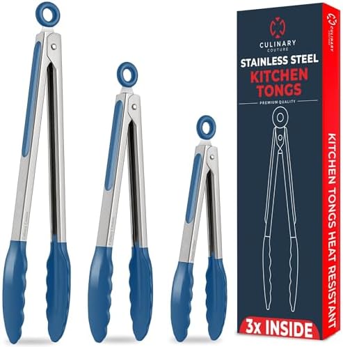 Kitchen Tongs - 12, 9 & 7 Inch Locking Silicone Tongs by CulinaryCouture