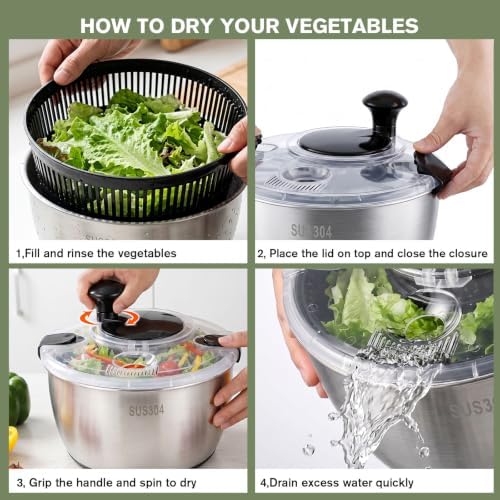 Greentainer 5.3QT Stainless Steel Salad Spinner, Hand-cranked Lettuce Spinner - Image 3