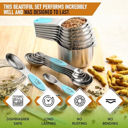 Spring Chef 15 Magnetic Measuring Cups & Spoons Set w/Levelers, Aqua Sky - Image 2