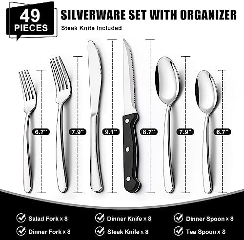 49-Piece Silverware Set with Organizer, Heavy Duty Stainless Steel Flatware Set - Image 2