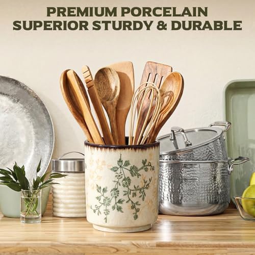 Rustic Ceramic Utensil Holder Brown Green Floral 5.5" - Image 5