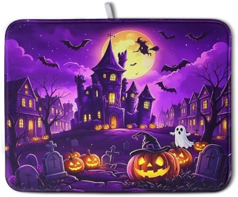 Halloween Dish Drying Mat for Kitchen Counter Witch Castle Bats Ghost Purple by Kwlegh