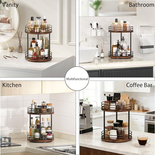 2-Tier Rotating Bathroom Countertop Organizer, Wooden Makeup Vanity Storage - Image 4