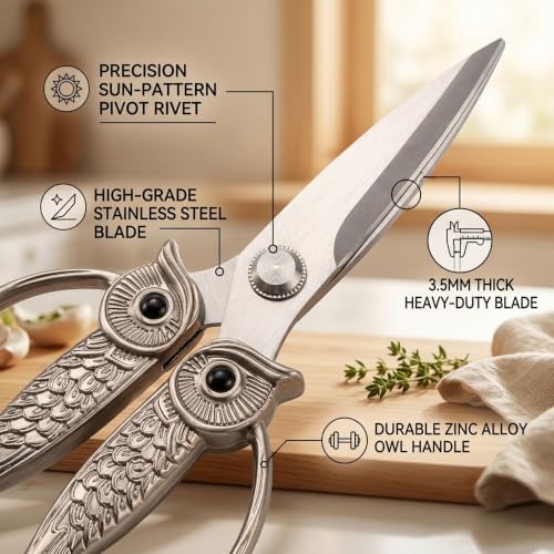 XSNBRD All Purpose Kitchen Shears, Pearl Nickel Stainless Steel Owl Scissors - Image 3