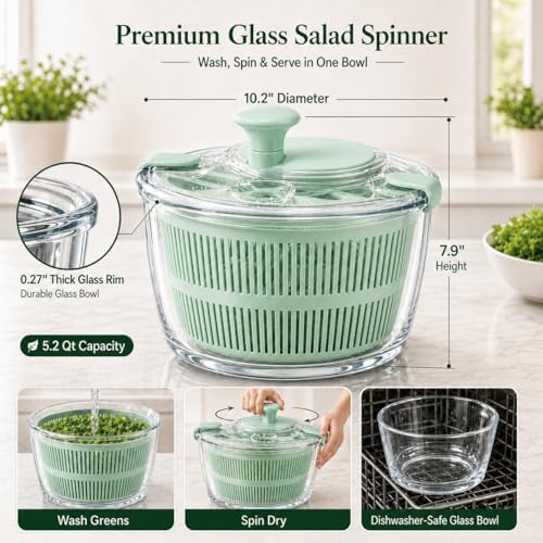 Large 5.2 Qt Glass Salad Spinner - Image 2
