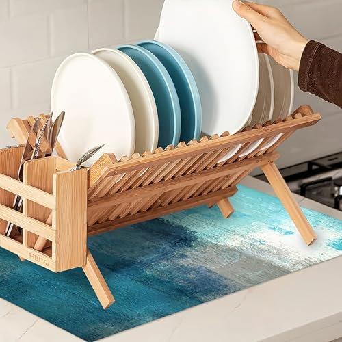 Teal Grey Abstract Art Dish Drying Mat, Drying Rack Pad Countertop Dishes Ultra - Image 7