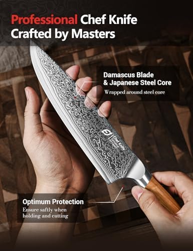Emojoy 3-Piece Japanese Damascus Steel Knife Set, Olive Wood Handle & Box - Image 6