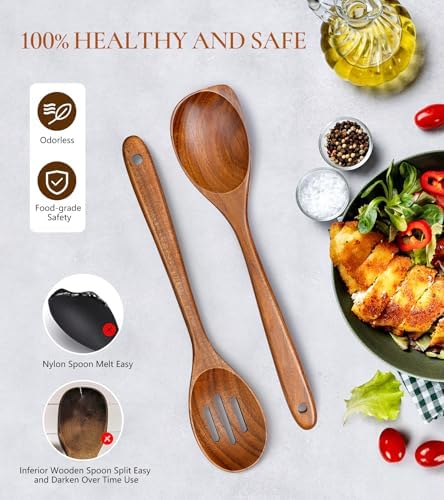 2Pcs Teak Wooden Utensil Set Large Corner Spoon & Slotted Spoon - Image 5