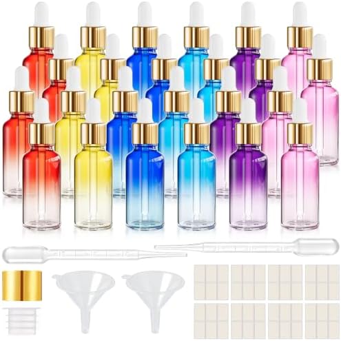 PrettyCare Glass Eye Dropper Bottles 24 Pack, 1oz Rainbow Empty Thick Bottles by PrettyCare