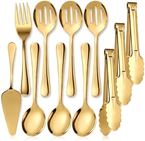 11PCS Stainless Steel Gold Serving Utensils, 8.7''Serving Spoons, 8.7''Slotted by Kzovone