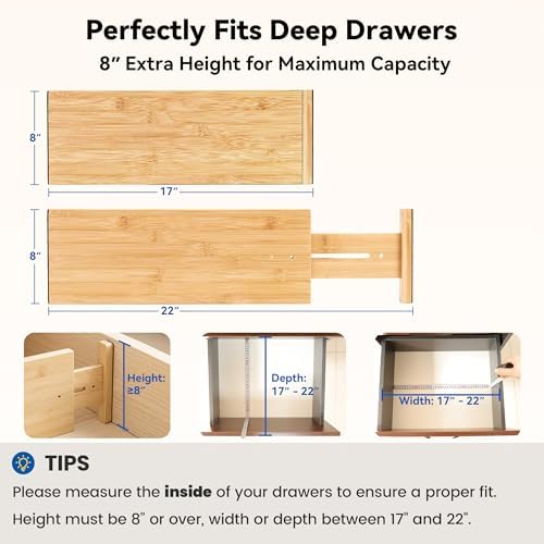 4 Pack 8" Deep Bamboo Drawer Dividers, 17-22" Expandable Kitchen Organizers - Image 2