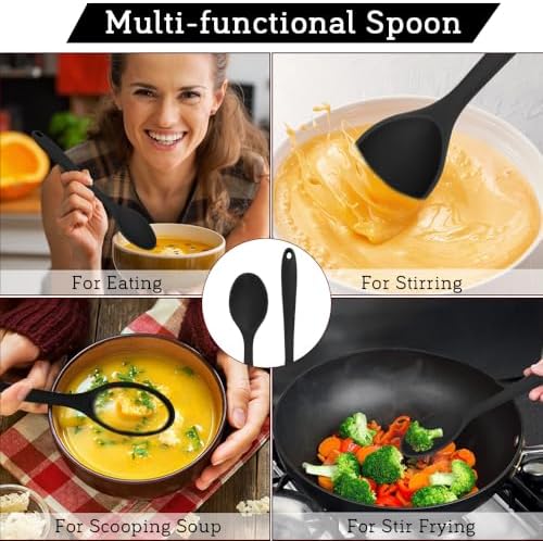 Cooking Spoon 2Pcs 10.8'' Large Serving Spoons Black Heat Resistant Silicone - Image 7