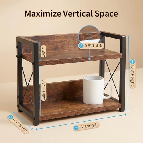 2-Tier Countertop Organizer, Iron-Wood Coffee Station Shelf, Heavy Duty Kitchen - Image 2