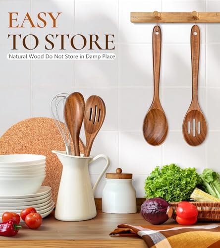 2Pcs Teak Wooden Kitchen Cooking Utensils Set, Wooden Spoon & Slotted Spoon - Image 6