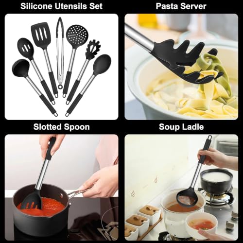 E-far Silicone Cooking Utensils Set, 7-Piece Black Kitchen Utensils Set - Image 3