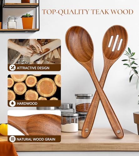 2Pcs Teak Wooden Kitchen Cooking Utensils Set, Wooden Spoon & Slotted Spoon - Image 2