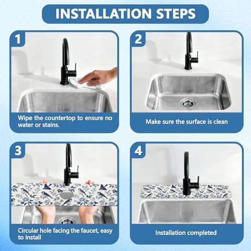 2 Pcs Blue Flowers and Birds Kitchen Sink Splash Guard Faucet Mat - Image 4