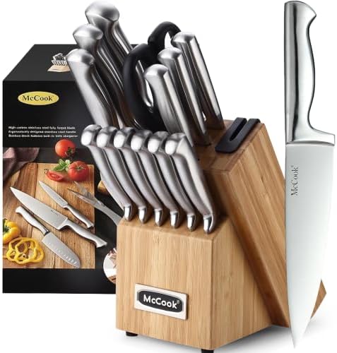McCook Knife Set Kitchen Steel Knife Block Set w Built-in Sharpener by McCook