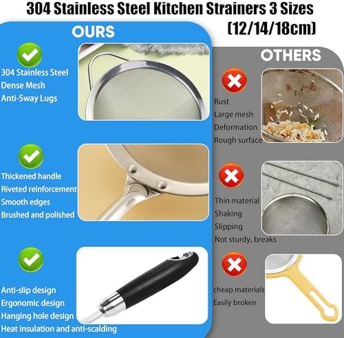 304 Stainless Steel Fine Mesh Strainer Set, 3 Sizes, 30 Mesh - Image 3