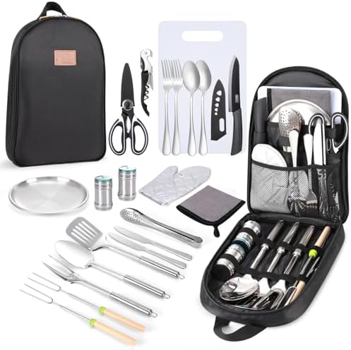 Portable Camping Kitchen Utensil Set-27 Piece Cookware Kit, Stainless Steel by Freehiker